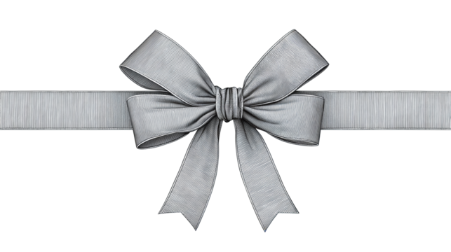 Elegant single-line parcel drawing featuring a bow at the center and flowing ribbon ends, soft graphite strokes and graceful under wave, isolated on transparent background.
