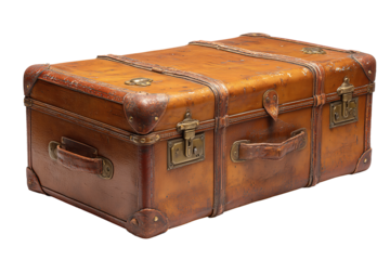 Vintage leather trunk in walnut brown with brass corner caps and twin strap buckles, slightly domed lid with patina scuffs and visible stitching, isolated on transparent background.
