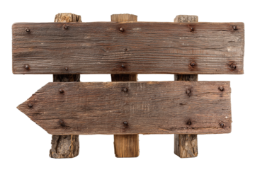Set of pine wooden boards mounted on a post, left and right arrows framing a rectangular center, bark texture and rustic nails visible, isolated on transparent background.