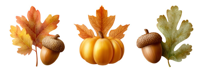 Autumn Leaves, Acorns, and Pumpkin Illustration Isolated Design