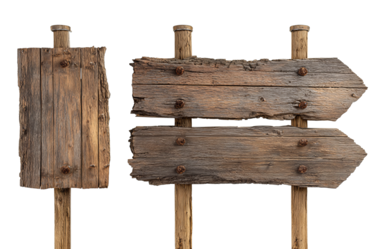 Set of pine wooden boards mounted on a post, left and right arrows framing a rectangular center, bark texture and rustic nails visible, isolated on transparent background.