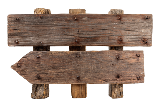 Set of pine wooden boards mounted on a post, left and right arrows framing a rectangular center, bark texture and rustic nails visible, isolated on transparent background.