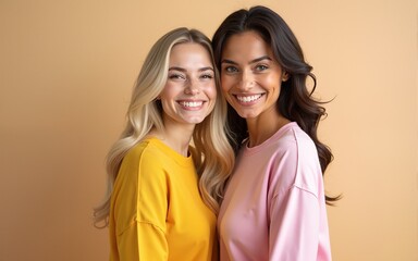 Blonde mother and brunette adult daughter wearing identical clothes, different colors, posing over beige background. High quality