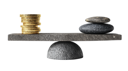 Balance beam scale with a stack of gold coins on the left and a geometric stone on the right, graphite-line base with minimal shading, isolated on transparent background.