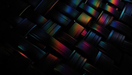 Abstract pattern of multicolored light beams reflecting across woven metallic texture in close-up view. Generative AI.
