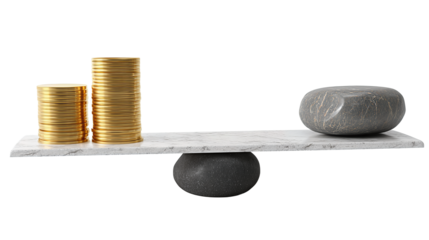 Balance beam scale with a stack of gold coins on the left and a geometric stone on the right, graphite-line base with minimal shading, isolated on transparent background.