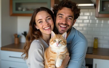 Excited couple posing with fluffy cat. Indoor portrait of smiling adorable woman holding her pet in kitchen. High quality