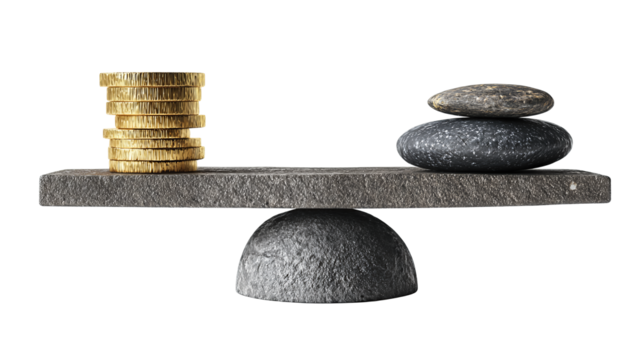 Balance beam scale with a stack of gold coins on the left and a geometric stone on the right, graphite-line base with minimal shading, isolated on transparent background.