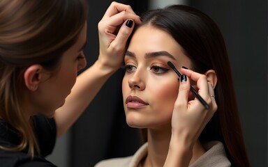 makeup artist applying editorial look for fashion magazine shoot. High quality