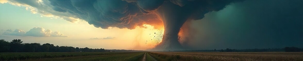 Devastating Tornado Unleashes Fury on Rural Landscape Dark Clouds, Flying Debris, and the Raw Power of Natures Wrath Captured in a Dramatic Meteorological Event