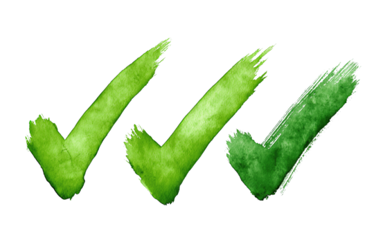 Set of three green check marks with varying styles, isolated on transparent background.