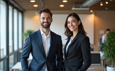 Two business people standing together in an office. High quality