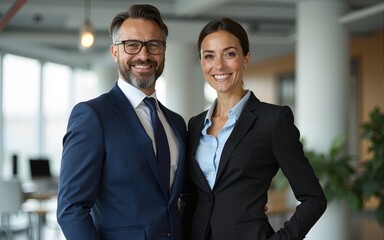Two business people standing together in an office. High quality