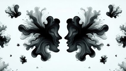 Abstract black inkblot forming mirrored shapes resembling human profiles on white background. Generative AI.