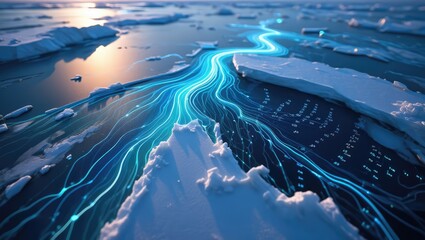 Aerial view of icy landscape with glowing electric-blue rivers flowing across the frozen surface. Generative AI.