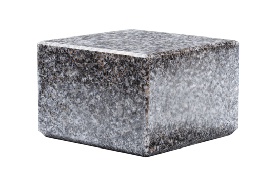 Polished granite paver block with fine salt-and-pepper grain, beveled top edges and one visible saw-cut face, realistic stone texture and clean finish, isolated on transparent background.
