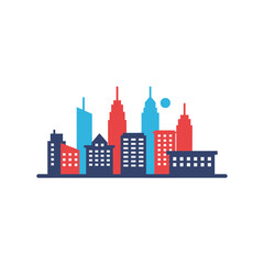 Obraz premium Stylized city skyline with colorful buildings and a moon.