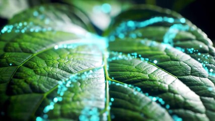 Closeup of a vibrant green leaf with glowing blue particles flowing across its surface symbolizing digital connectivity biotechnology and sustainable technology in nature. - Powered by Adobe