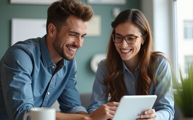 Young caucasian adult man and woman at office looking digital tablet. High quality