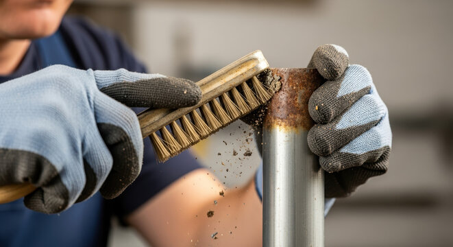 Using a wire brush for metal rust removal on steel post. Metal rust removal is done to eliminate surface oxidation, scale, and corrosion.