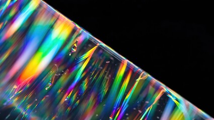 Macro shot of diffraction creating rainbow-colored light patterns on reflective surface. Generative AI.