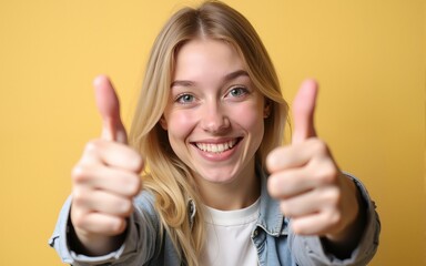 A young woman with blonde hair and a bright smile gives two thumbs up signifying approval and agreement with a positive and happy gesture. High quality