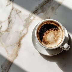 Photo of cup of coffee on marble counter neutral tones minima