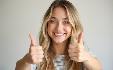 A young woman with blonde hair and a bright smile gives two thumbs up signifying approval and agreement with a positive and happy gesture. High quality
