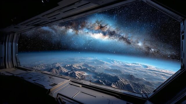Earth's horizon and mountains seen from a space station window, under a starry sky with the Milky Way overhead.