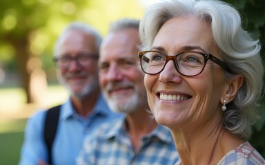 Smiling mature woman with glasses looks to the side with two older men in background outdoors. High quality
