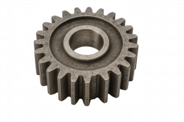 Single metal gear showing teeth and central bore, symbolizing mechanics, industry, and teamwork. Transparent background