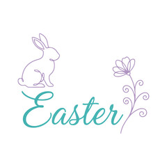 Obraz premium Vector art of cute easter bunny and flower illustration with the word easter