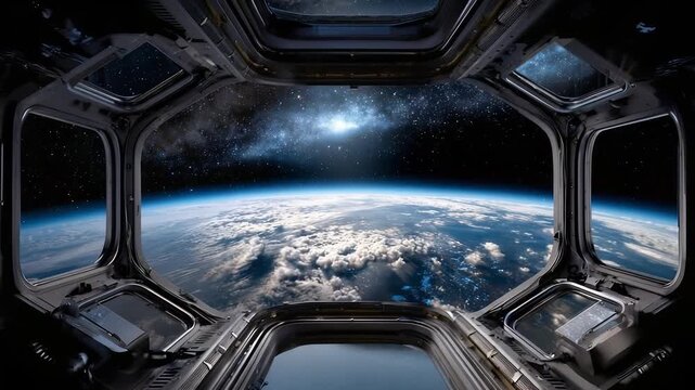 Earth seen from a spaceship window: a blue planet with white clouds, surrounded by stars.