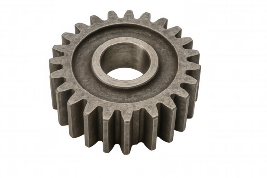 Single metal gear showing teeth and central bore, symbolizing mechanics, industry, and teamwork. Transparent background