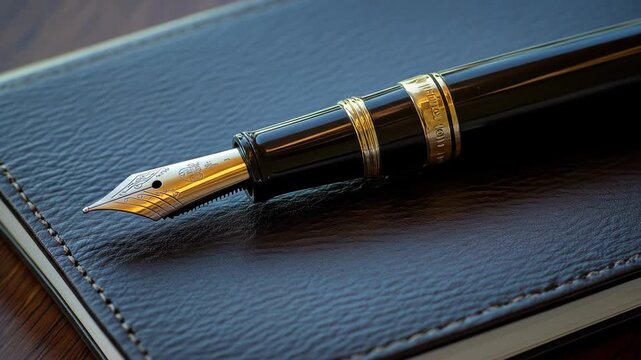Fountain pen resting on a leather notebook in a business setting.