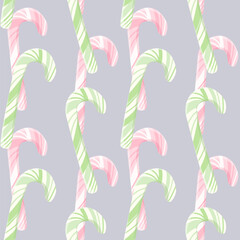 Modern vector seamless pattern featuring dense, vertical, and overlapping pastel candy canes (pink and mint green) on a soft lavender background for contemporary holiday designs.