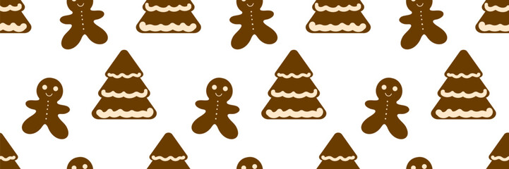 Cute seamless gingerbread cookie pattern featuring alternating gingerbread men and Christmas trees with white icing, perfect for holiday wrapping paper or kids decor.