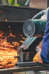 Vertical Horizon Men hands protect glove Welding machinery iron metal sparking fire flame. Vertical construction Worker hands Hot flame metal fire iron workshop. Locksmith mechanic Welding industry