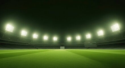 A brightly lit sports stadium at night with a green field empty seating tiers and powerful overhead floodlights illuminating the playing surface under a dark sky