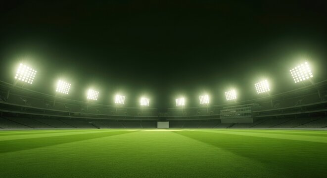 A brightly lit sports stadium at night with a green field empty seating tiers and powerful overhead floodlights illuminating the playing surface under a dark sky