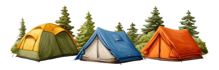 Colorful Camping Tents Surrounded by Lush Trees Isolated Image