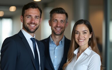 Manager with colleague smiling at camera. High quality