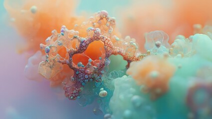 Abstract molecular art blending organic textures with vivid colors, evoking microscopic life forms and surreal biological structures. Generative AI.