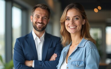 Manager with colleague smiling at camera. High quality