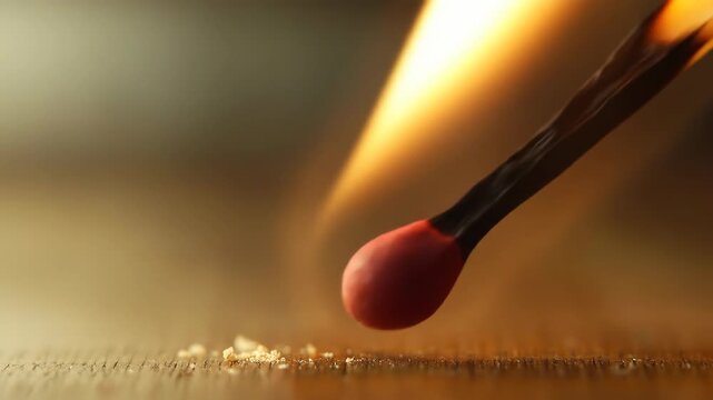 Close up view of a matchstick striking a wooden surface, fire