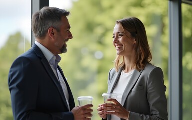 Office woman with business man couple enjoying break while talking flirting outdoor. High quality