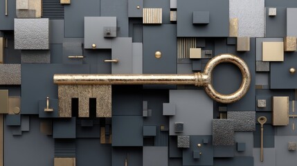 Golden key over abstract geometric background digital art