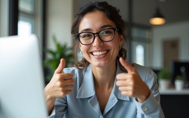 Middle age hispanic woman working at the office wearing glasses smiling and looking at the camera pointing with two hands and fingers to the side. High quality