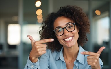 Middle age hispanic woman working at the office wearing glasses smiling and looking at the camera pointing with two hands and fingers to the side. High quality