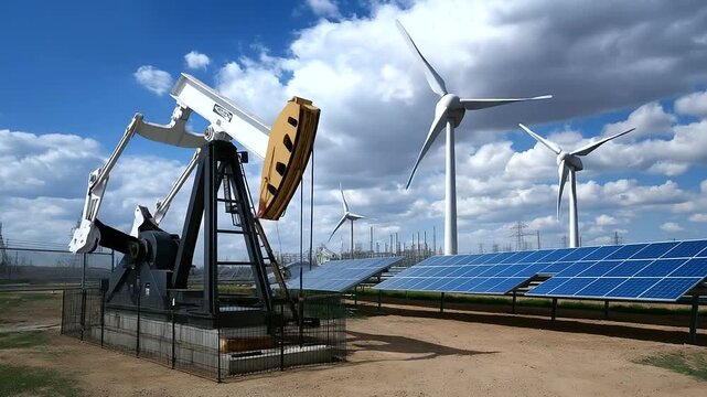 Hybrid scene oil pumpjack in foreground, solar panels and wind turbines in background.